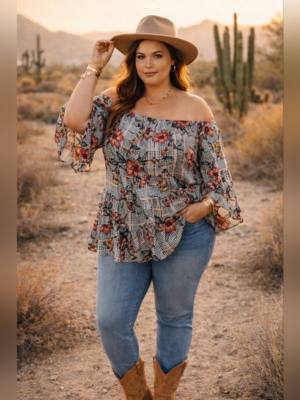 Liberty Love Floral Houndstooth Off Shoulder Blouse 1XL Boho Peasant Top Flowy